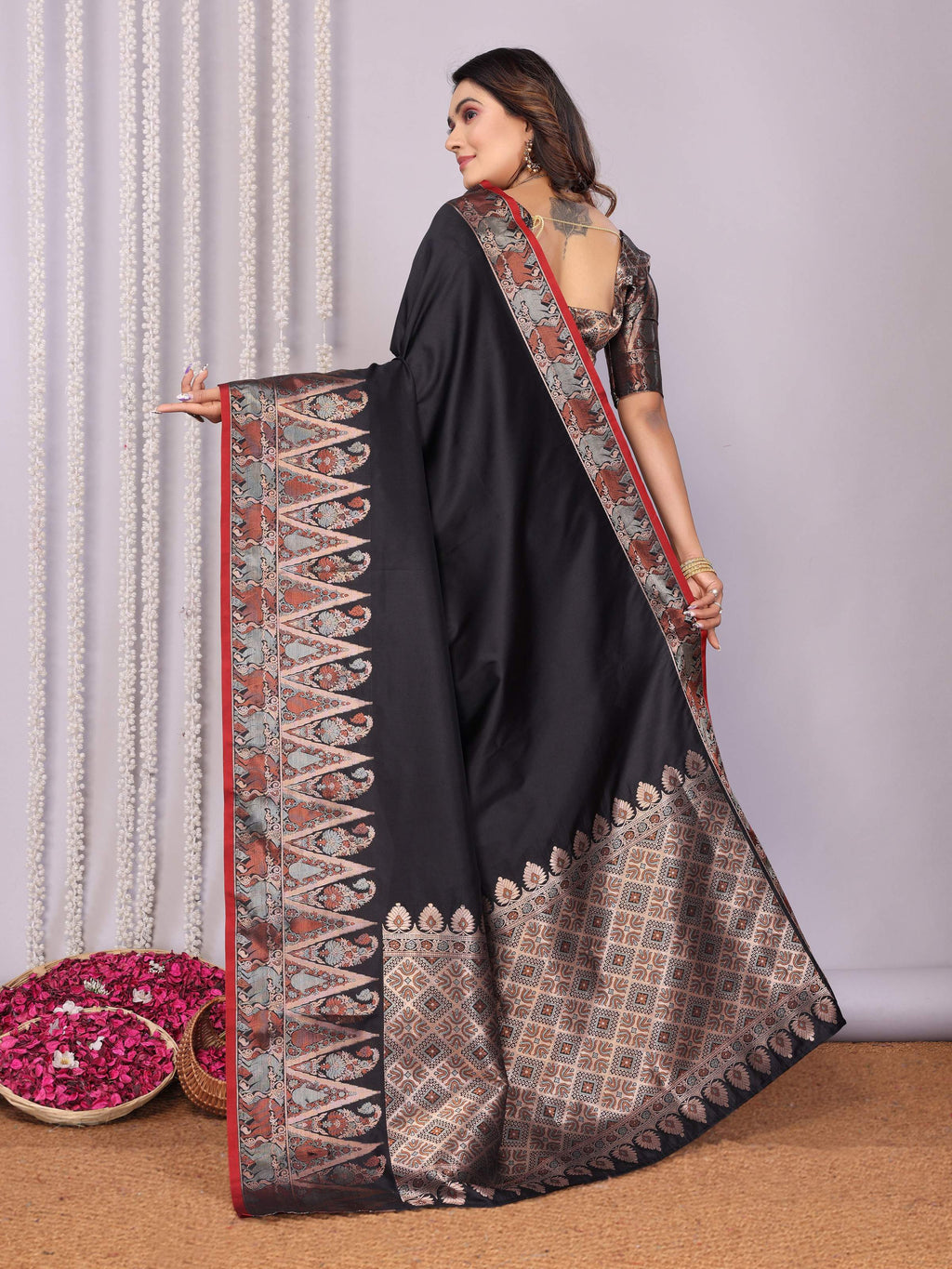 Sonakshi Women's Black Soft Silk Zari Weaving Saree with Blouse - Distacart
