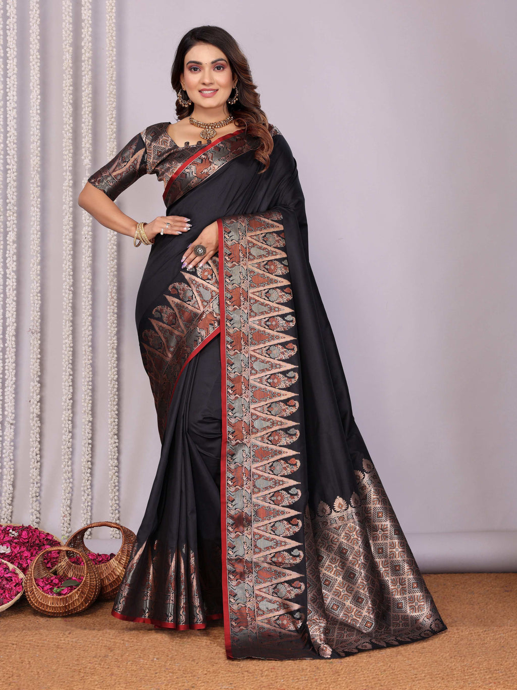 Sonakshi Women's Black Soft Silk Zari Weaving Saree with Blouse - Distacart