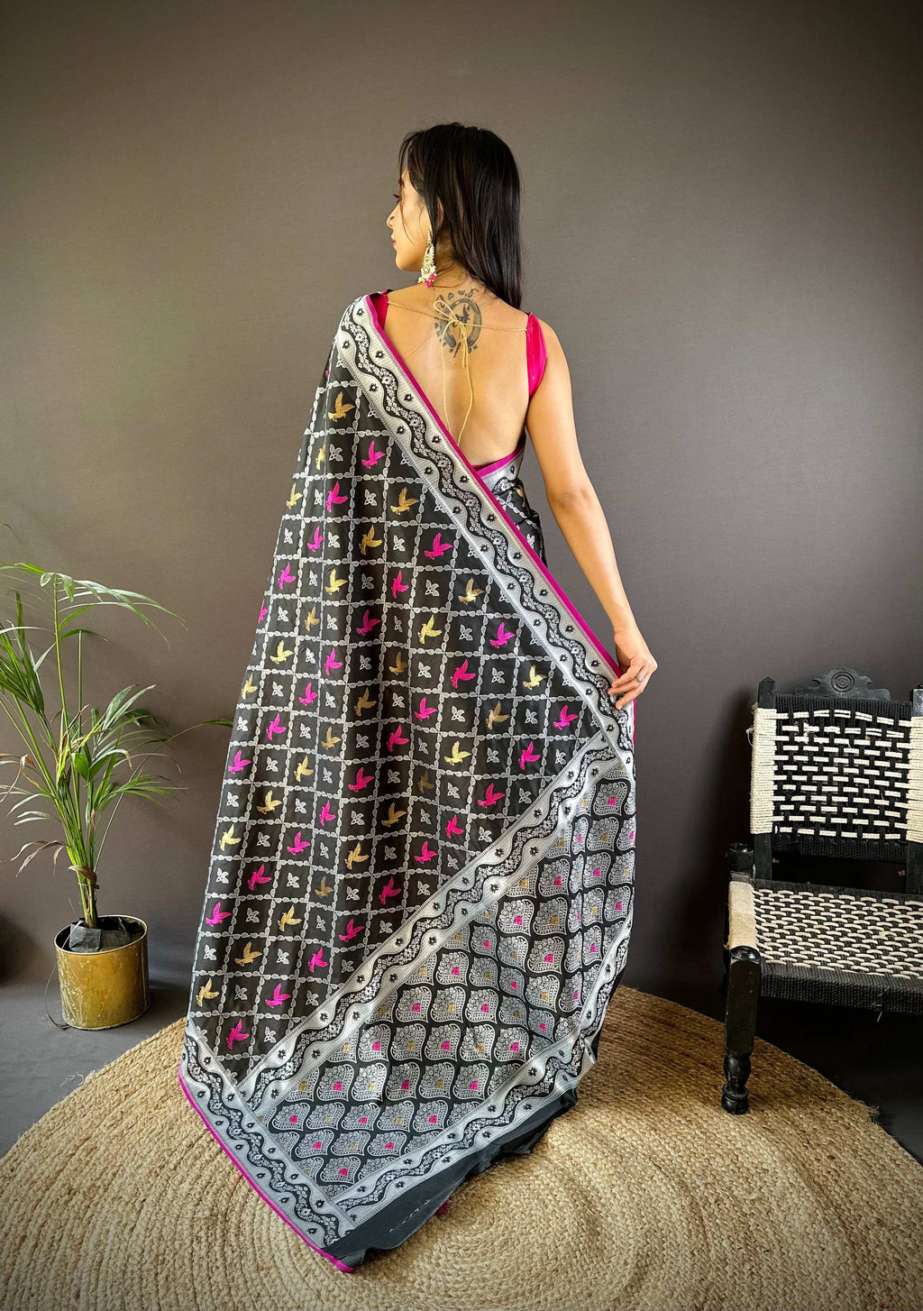 Sonakshi Women's Black Lichi Soft Silk Zari Weaving Saree with Blouse - Distacart