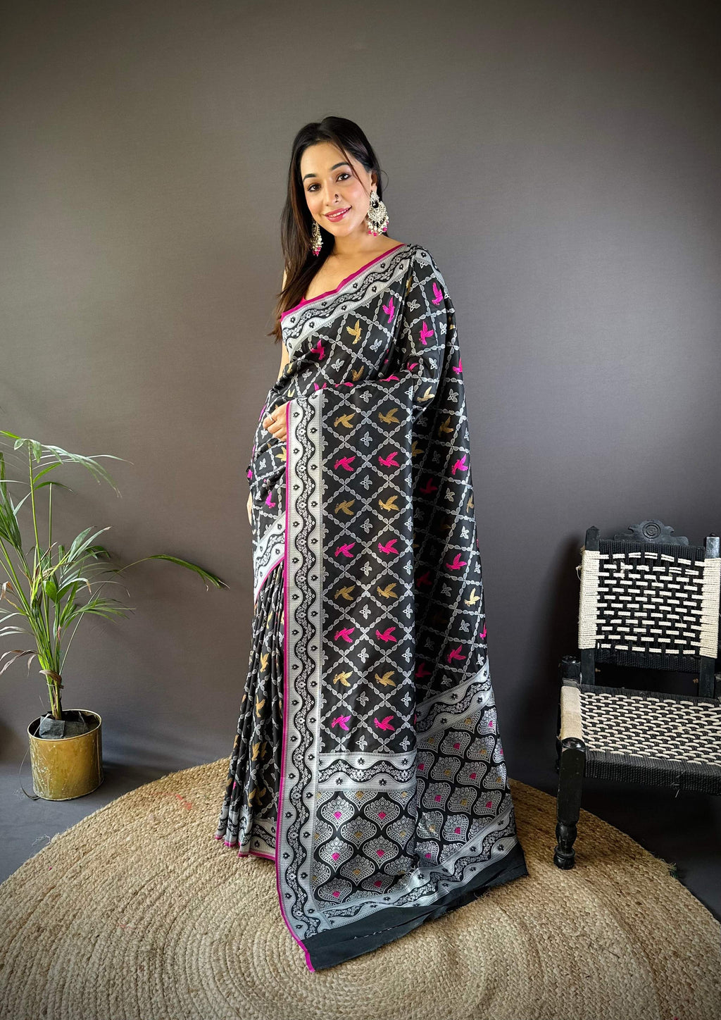 Sonakshi Women's Black Lichi Soft Silk Zari Weaving Saree with Blouse - Distacart