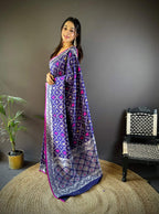 Sonakshi Women's Blue Lichi Soft Silk Zari Weaving Saree with Blouse - Distacart