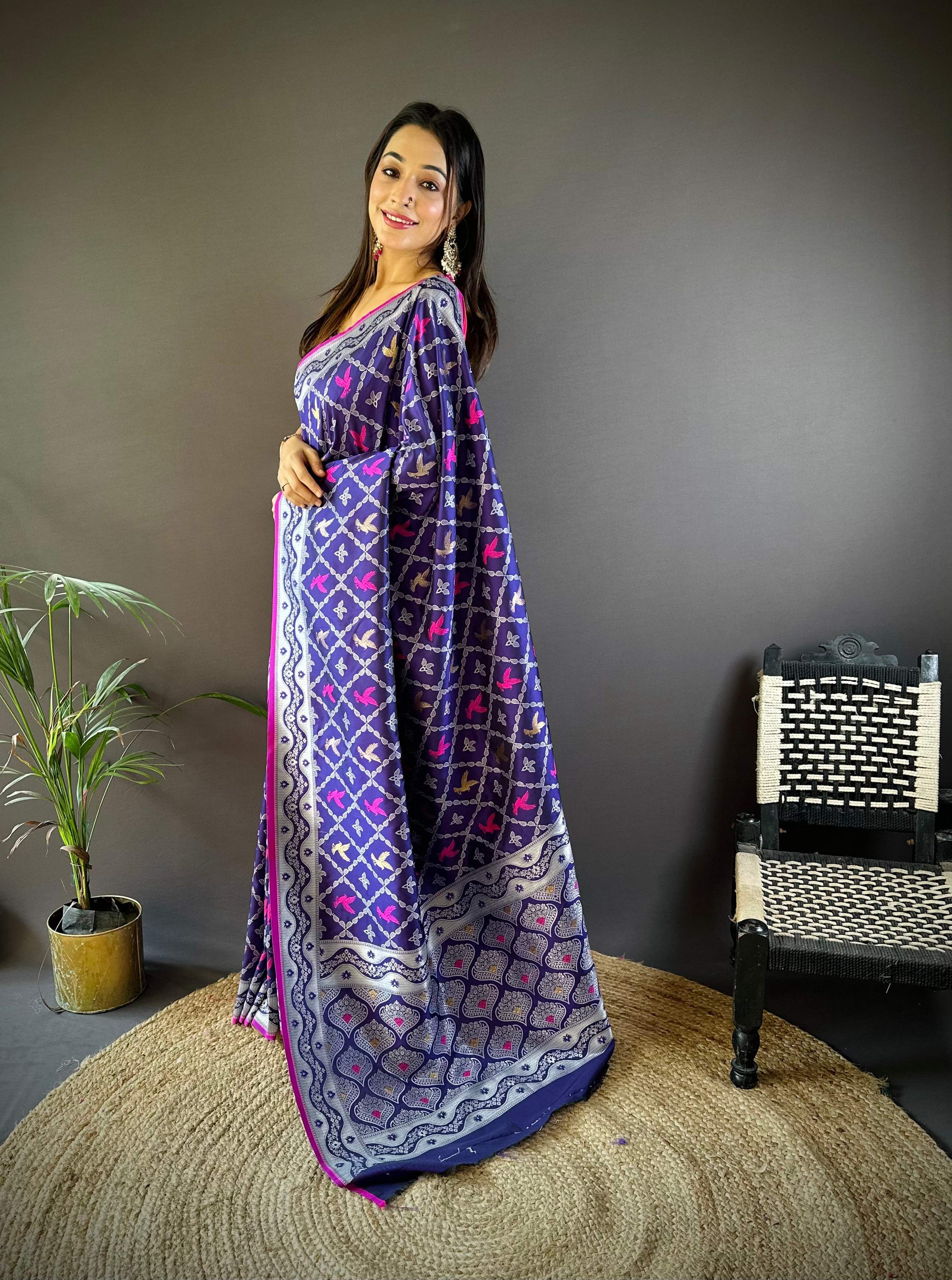 Sonakshi Women's Blue Lichi Soft Silk Zari Weaving Saree with Blouse - Distacart