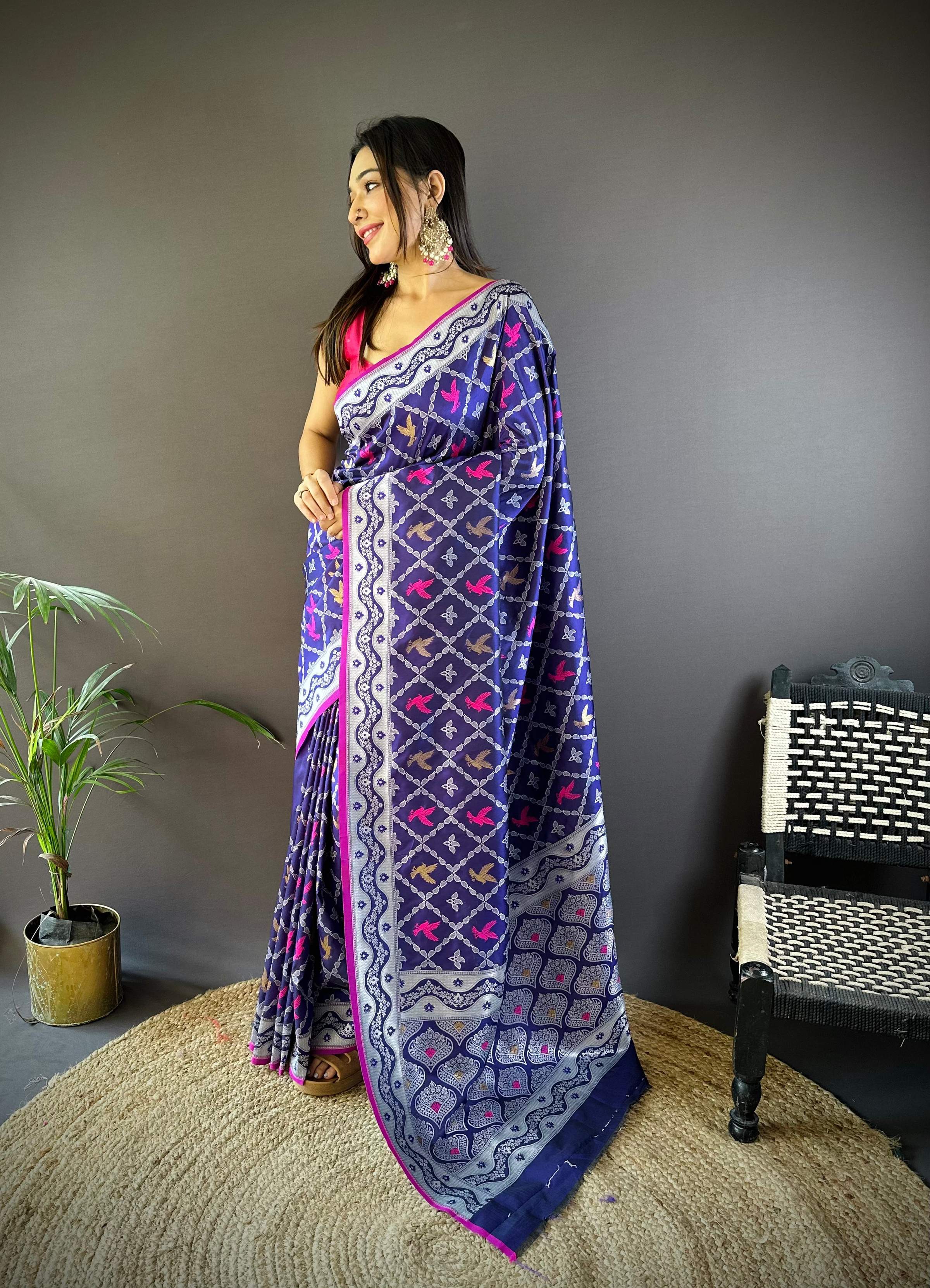 Sonakshi Women's Blue Lichi Soft Silk Zari Weaving Saree with Blouse - Distacart