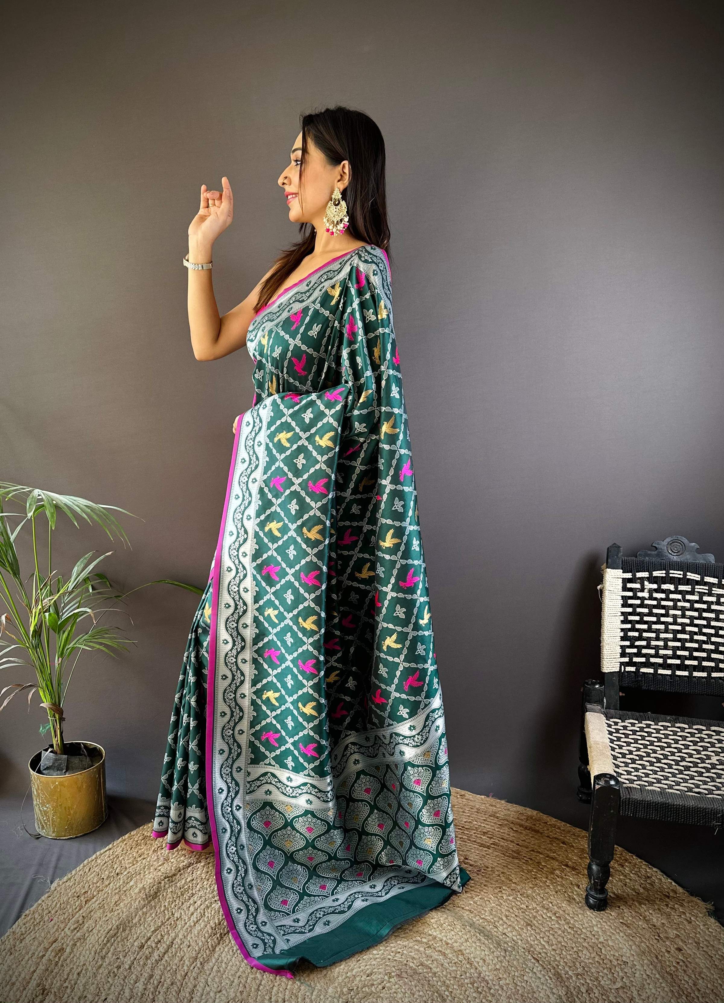 Sonakshi Women's Green Lichi Soft Silk Zari Weaving Saree with Blouse - Distacart