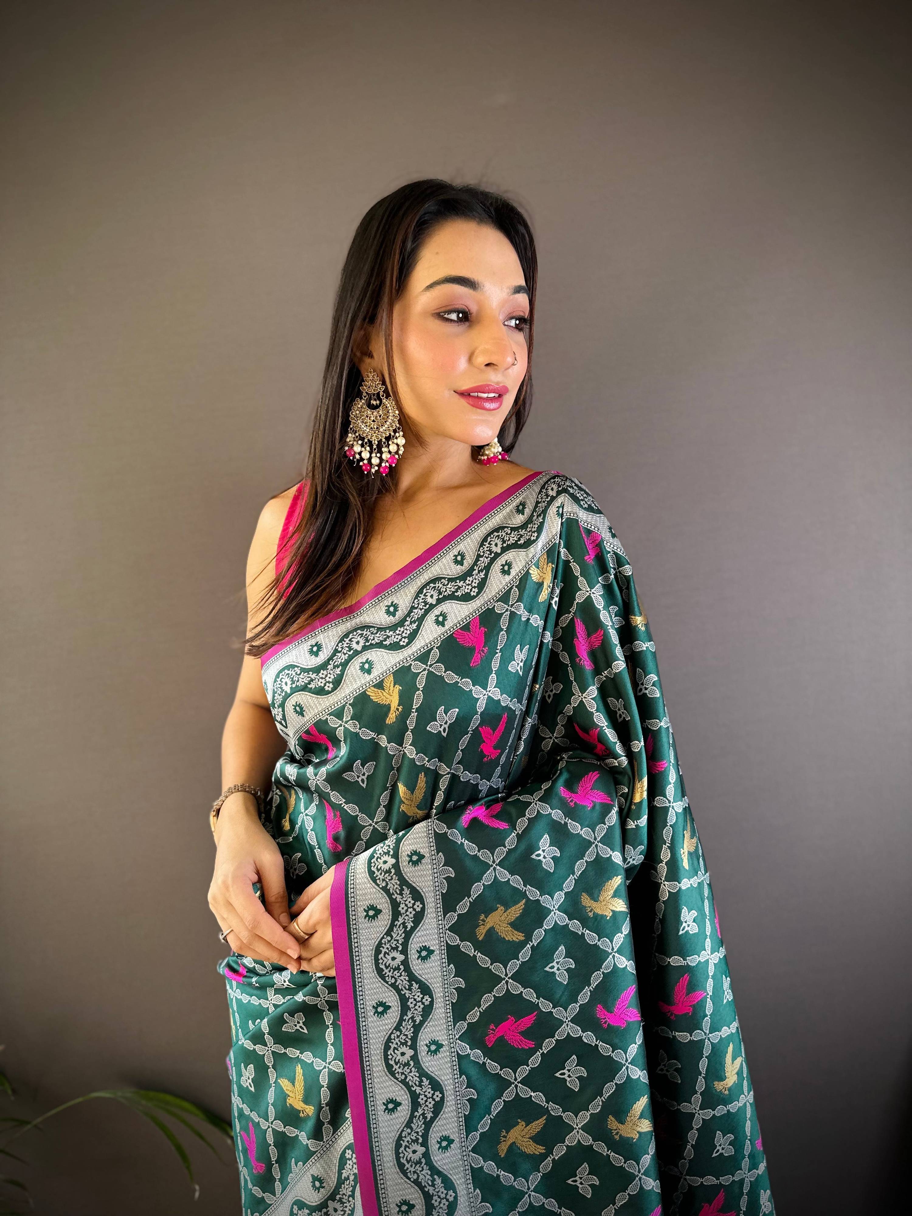 Sonakshi Women's Green Lichi Soft Silk Zari Weaving Saree with Blouse - Distacart