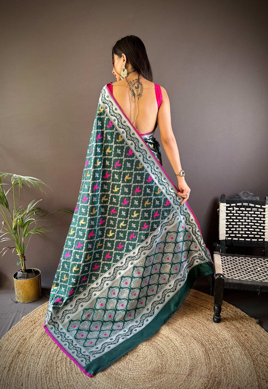 Sonakshi Women's Green Lichi Soft Silk Zari Weaving Saree with Blouse - Distacart