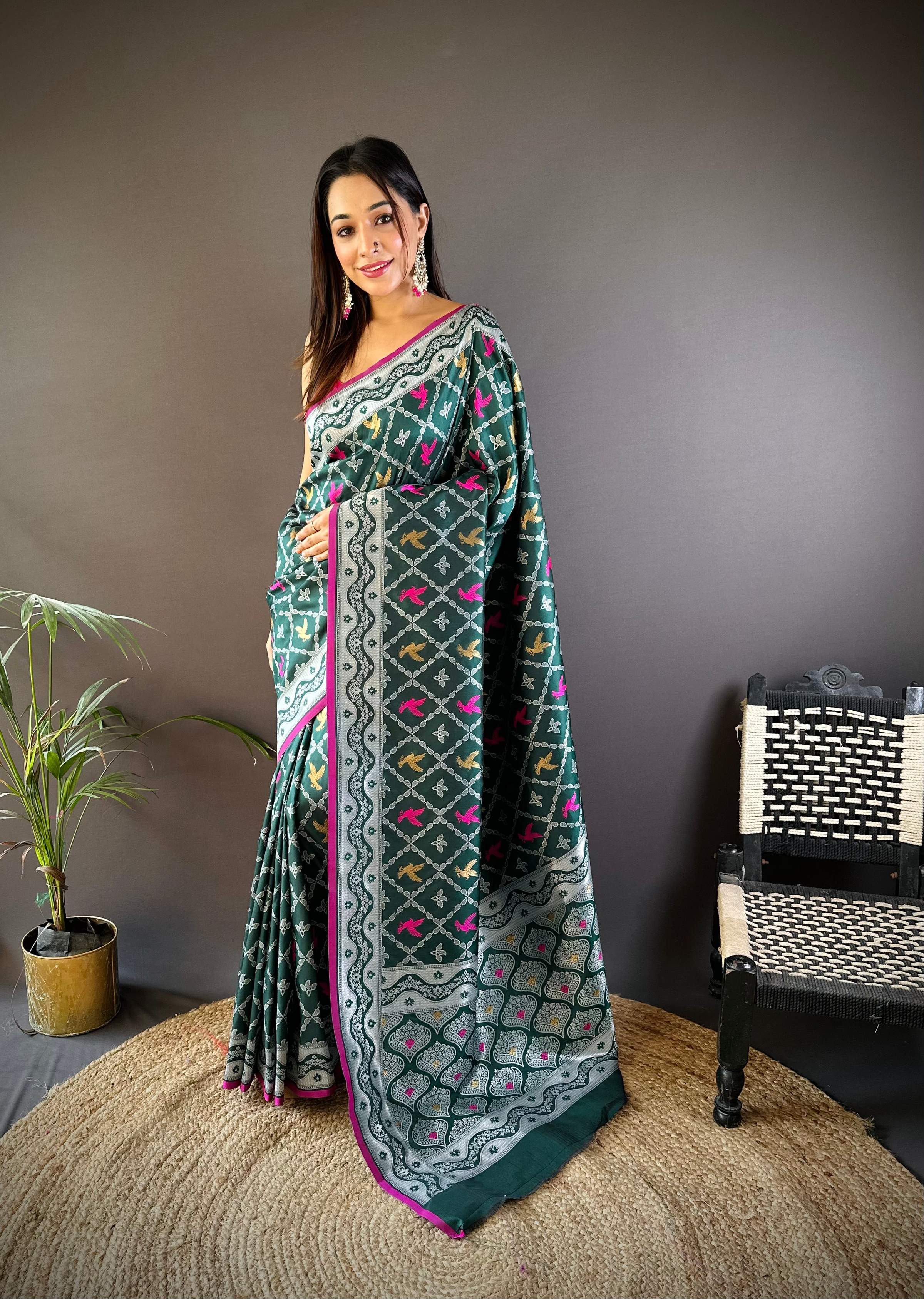 Sonakshi Women's Green Lichi Soft Silk Zari Weaving Saree with Blouse - Distacart