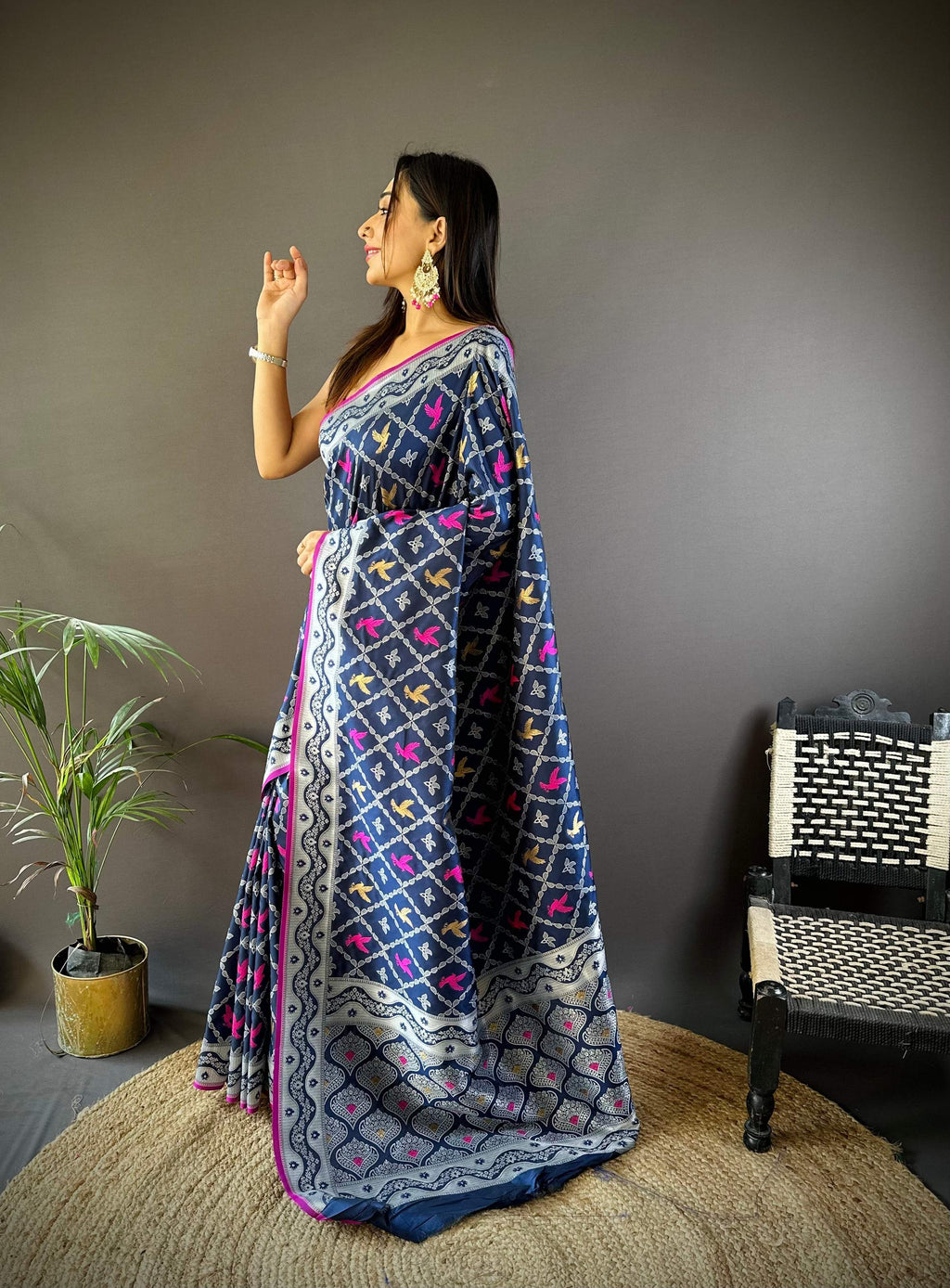 Sonakshi Women's Navy Blue Lichi Soft Silk Zari Weaving Saree with Blouse - Distacart
