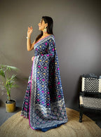 Sonakshi Women's Navy Blue Lichi Soft Silk Zari Weaving Saree with Blouse - Distacart