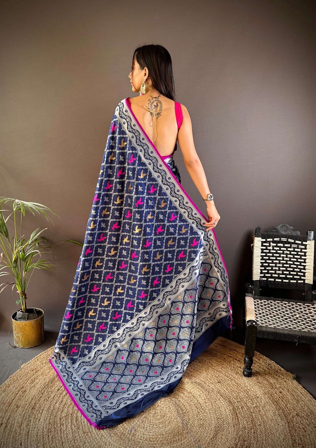 Sonakshi Women's Navy Blue Lichi Soft Silk Zari Weaving Saree with Blouse - Distacart