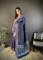 Sonakshi Women's Navy Blue Lichi Soft Silk Zari Weaving Saree with Blouse - Distacart