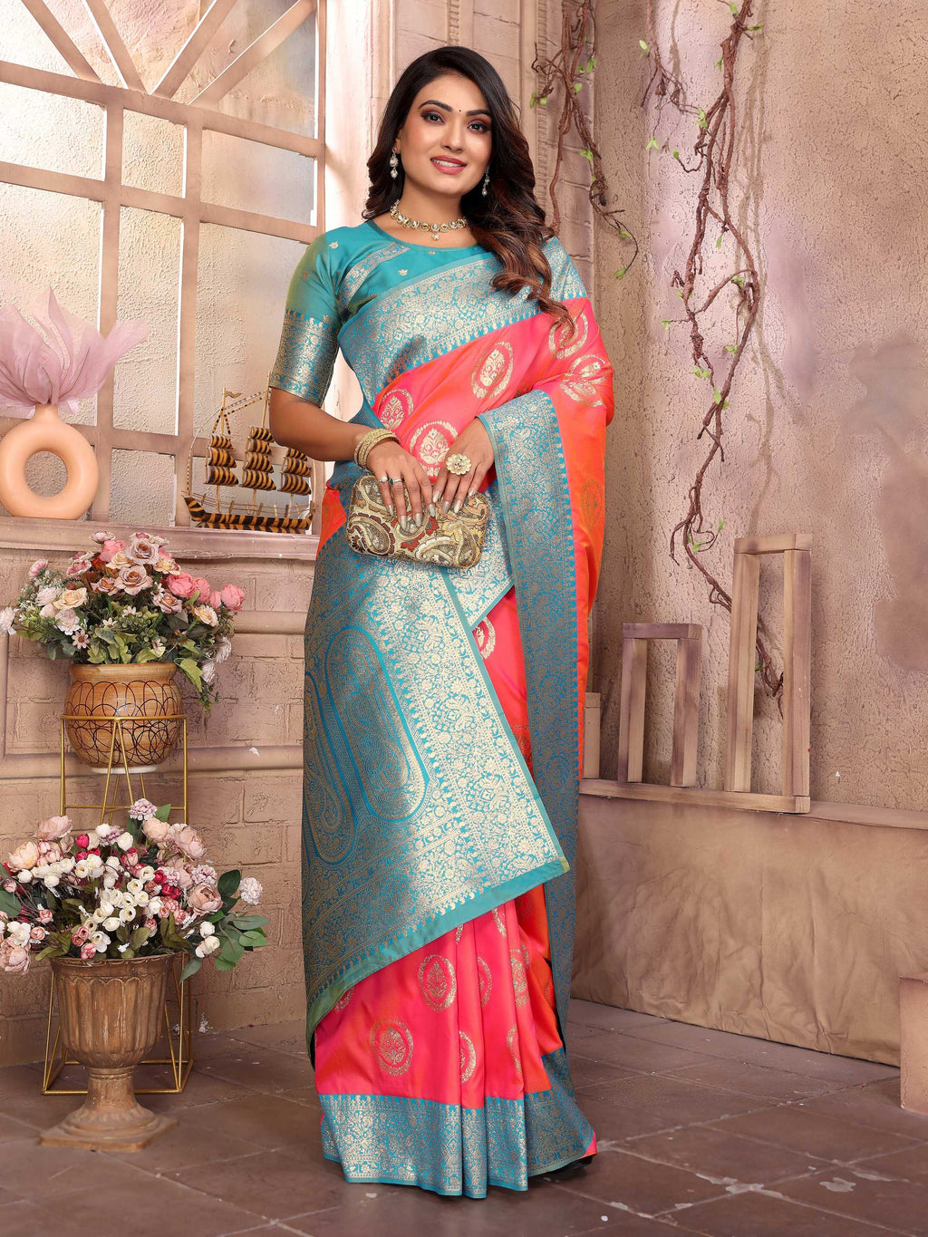Sonakshi Women's Peach Banarasi Silk Zari Weaving Saree with Blouse - Distacart