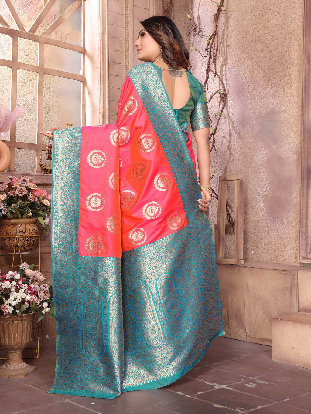 Sonakshi Women's Peach Banarasi Silk Zari Weaving Saree with Blouse - Distacart