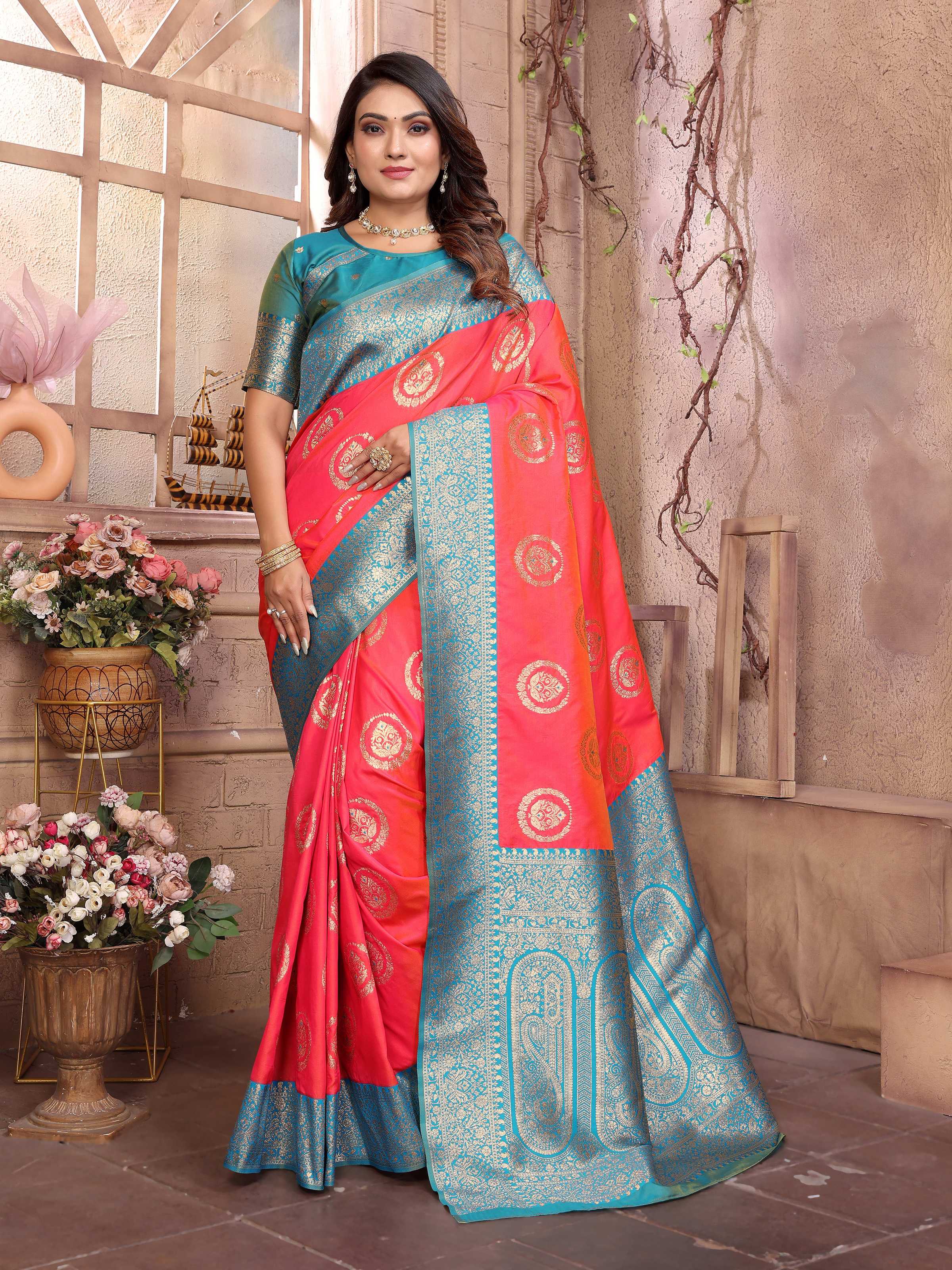 Sonakshi Women's Peach Banarasi Silk Zari Weaving Saree with Blouse - Distacart
