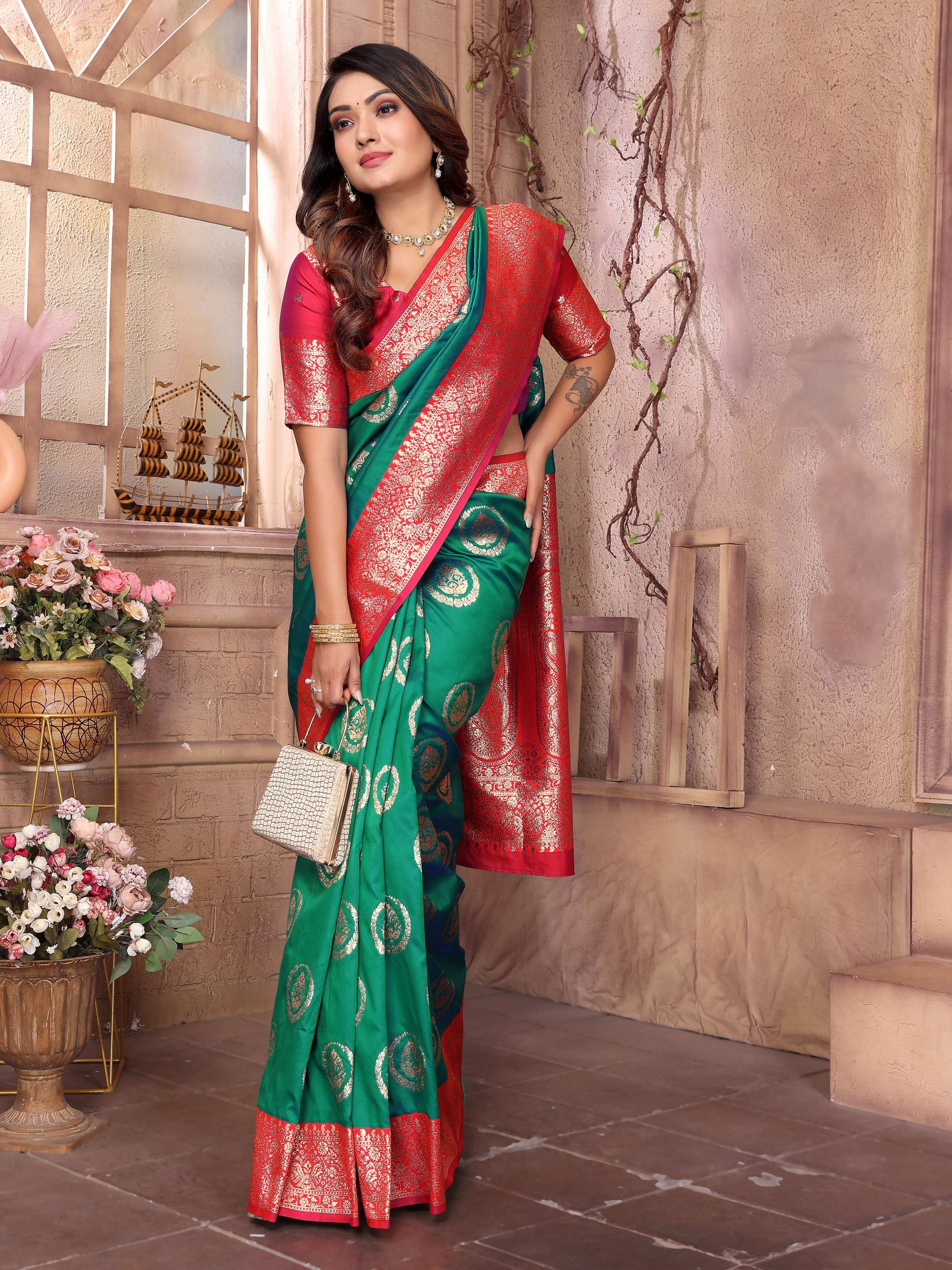 Sonakshi Women's Green Banarasi Silk Zari Weaving Saree with Blouse - Distacart