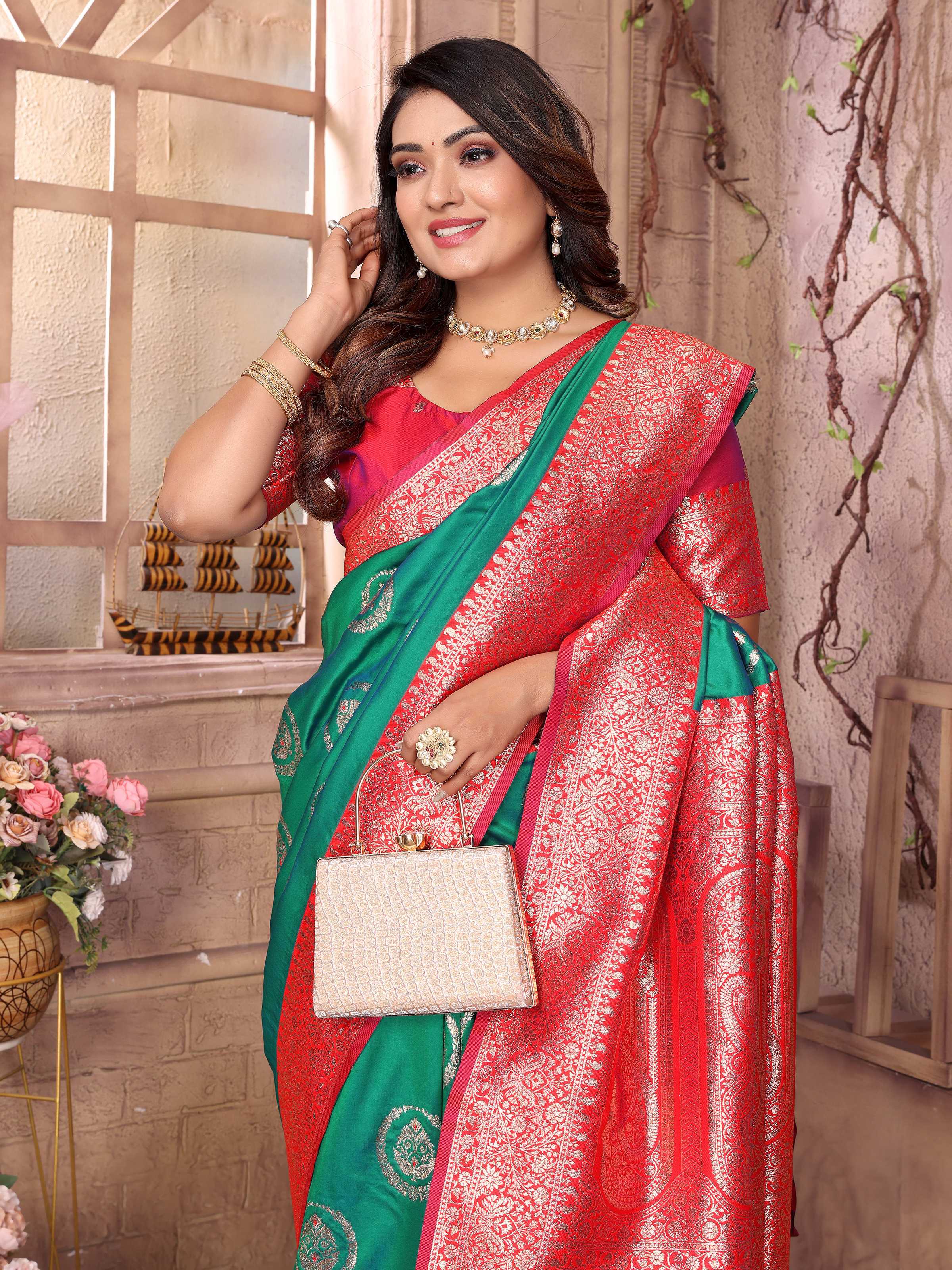 Sonakshi Women's Green Banarasi Silk Zari Weaving Saree with Blouse - Distacart