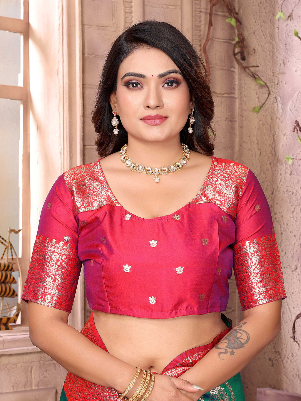 Sonakshi Women's Green Banarasi Silk Zari Weaving Saree with Blouse - Distacart