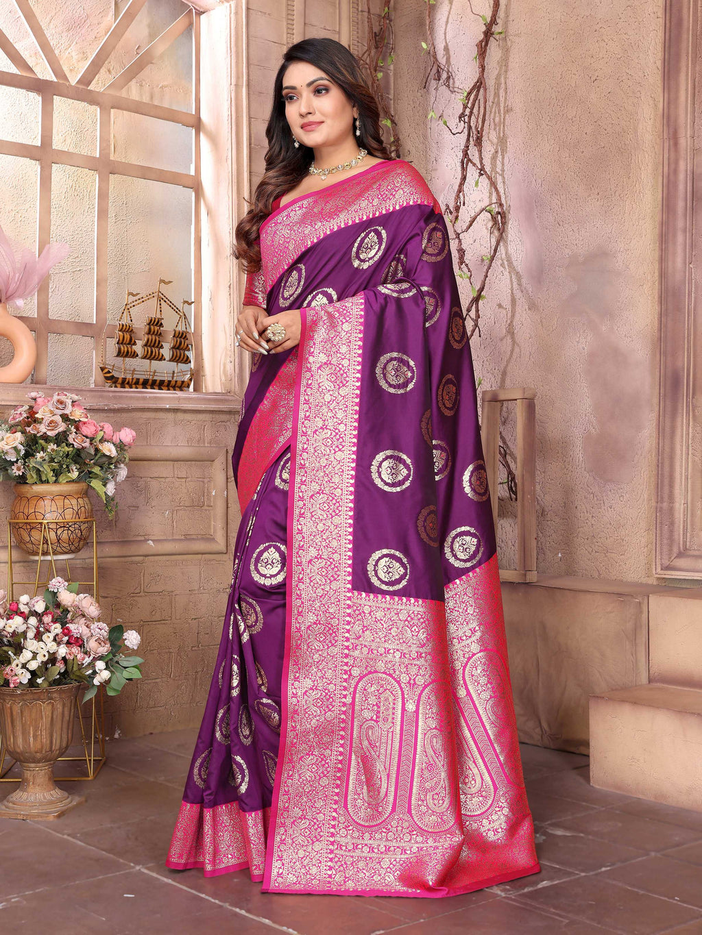 Sonakshi Women's Jamli Banarasi Silk Zari Weaving Saree with Blouse - Distacart
