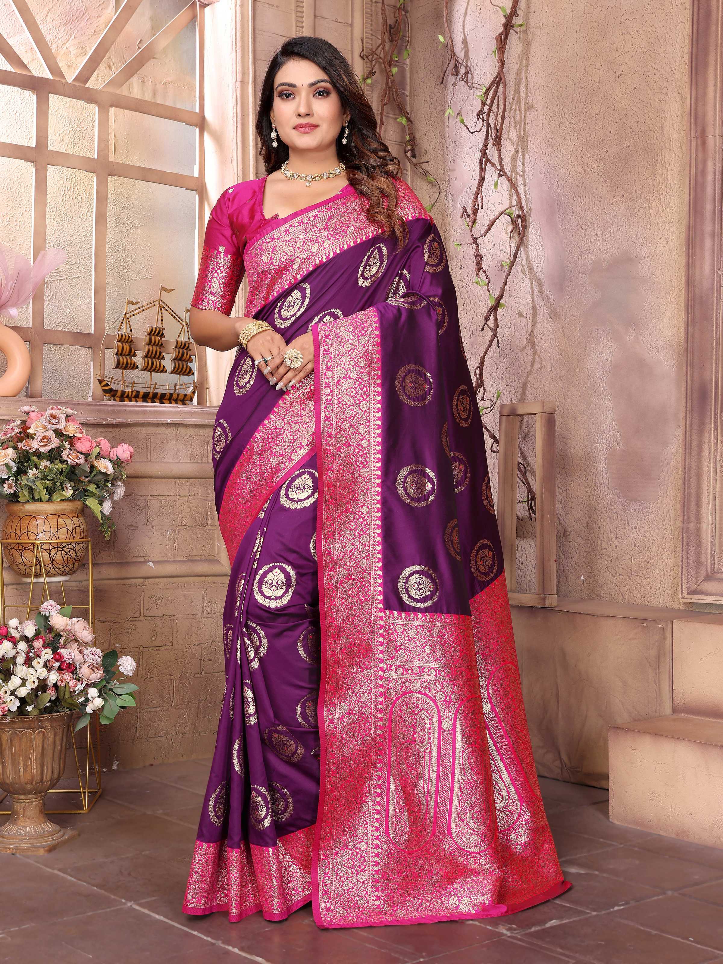 Sonakshi Women's Jamli Banarasi Silk Zari Weaving Saree with Blouse - Distacart
