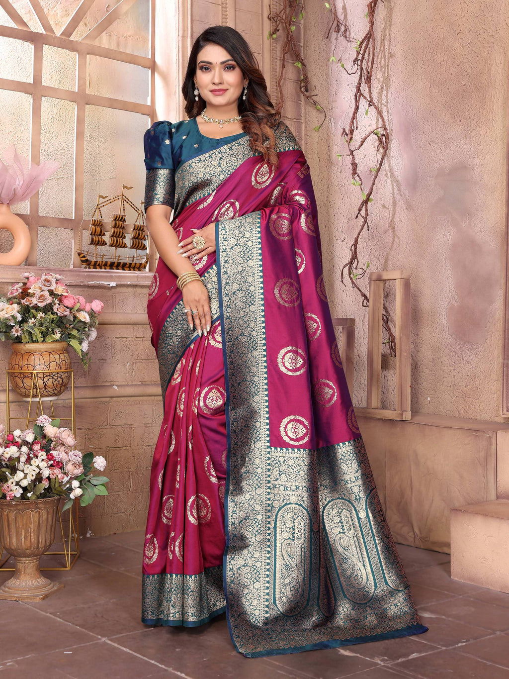 Sonakshi Women's Wine Banarasi Silk Zari Weaving Saree with Blouse - Distacart