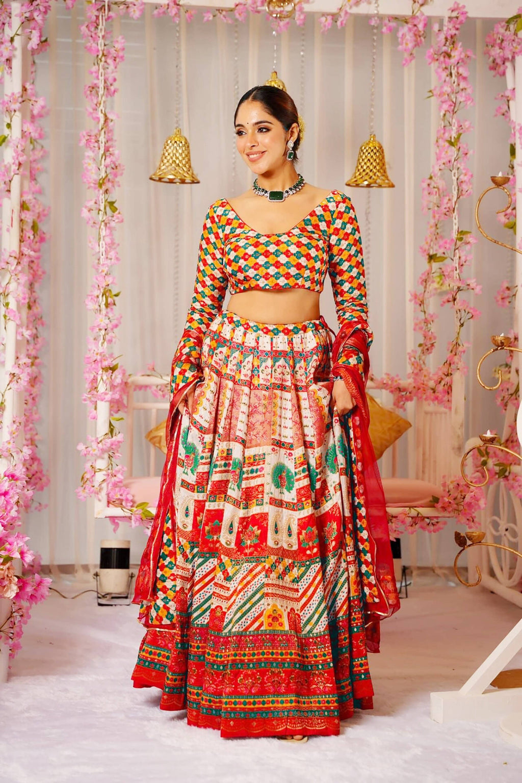 Sonakshi Women's Multicolor Silk Digital Printed Lehenga Choli Set - Distacart