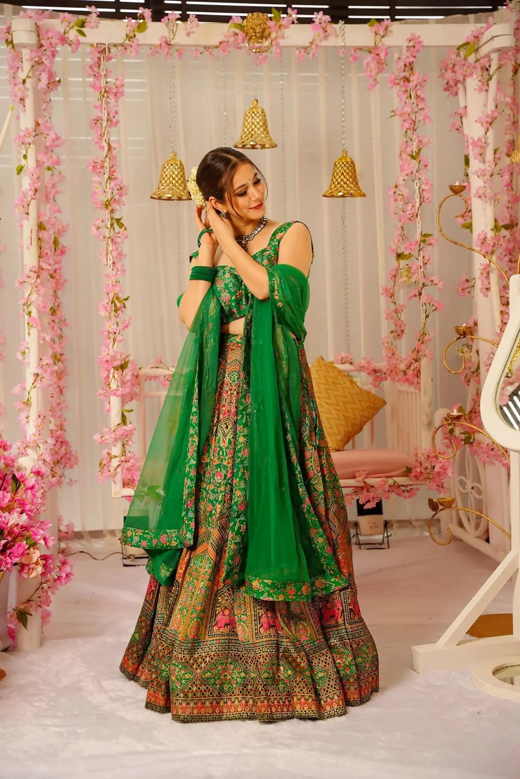 Sonakshi Women's Green Silk Digital Printed Lehenga Choli Set - Distacart
