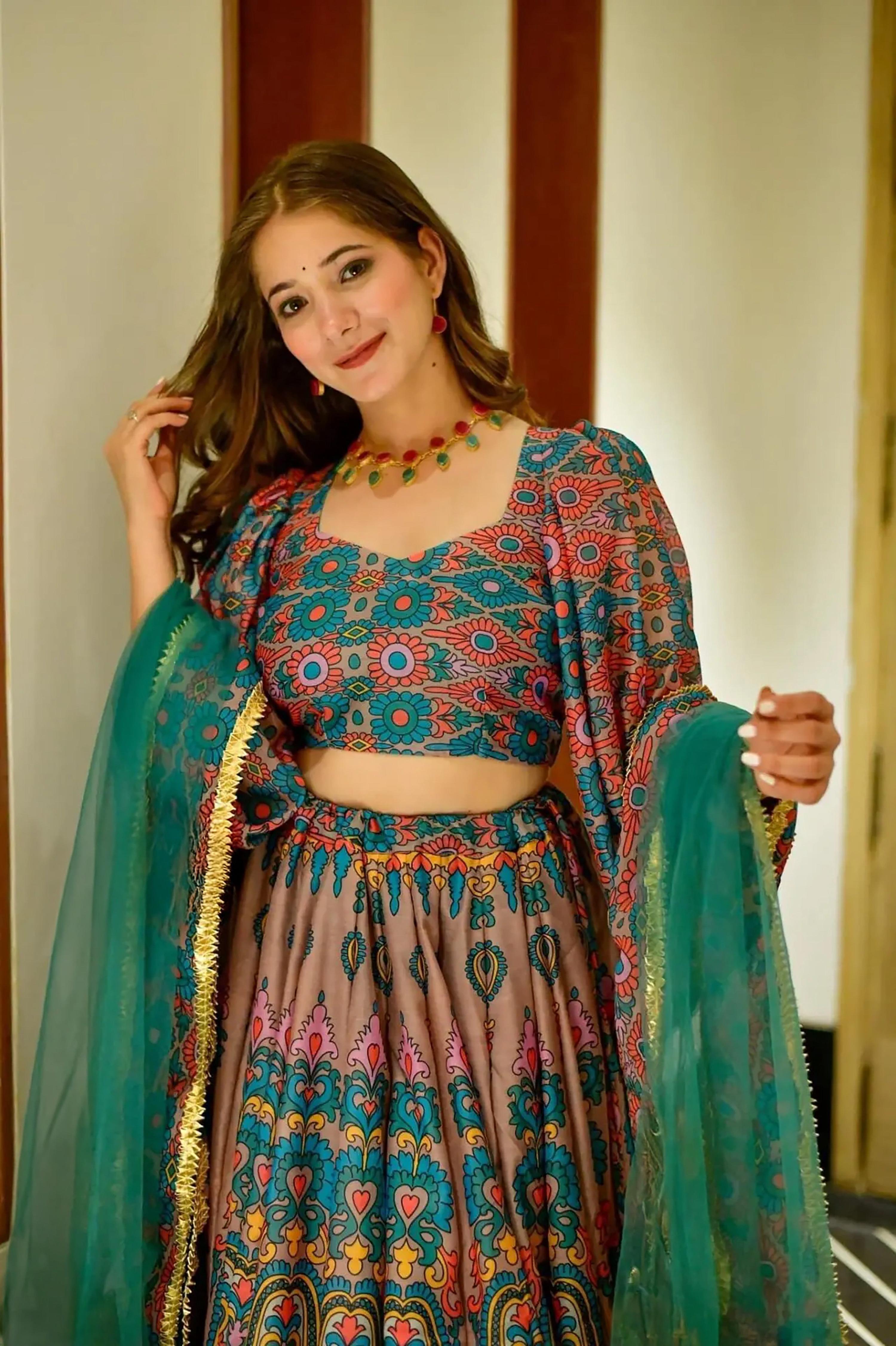 Sonakshi Women's Feroji Silk Digital Printed Lehenga Choli Set - Distacart