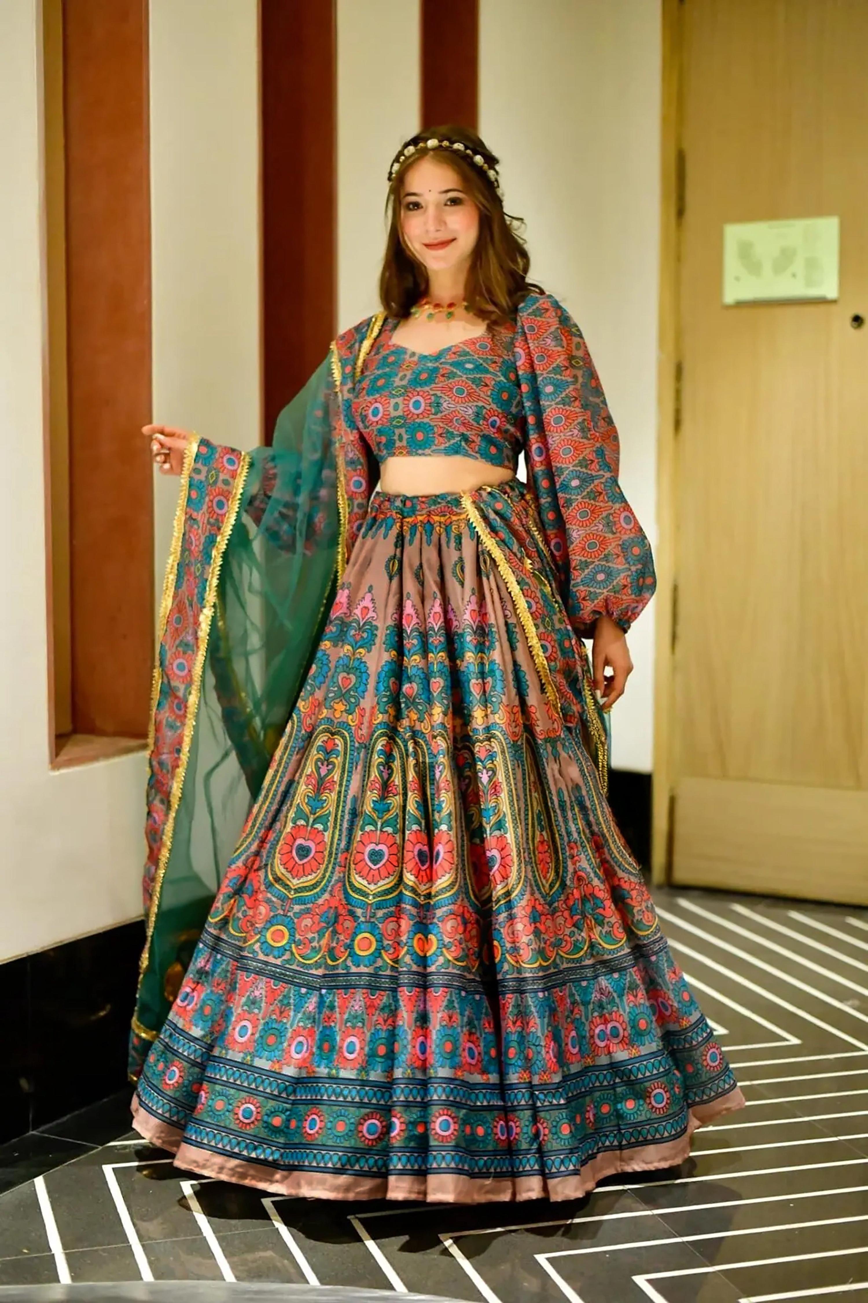 Sonakshi Women's Feroji Silk Digital Printed Lehenga Choli Set - Distacart