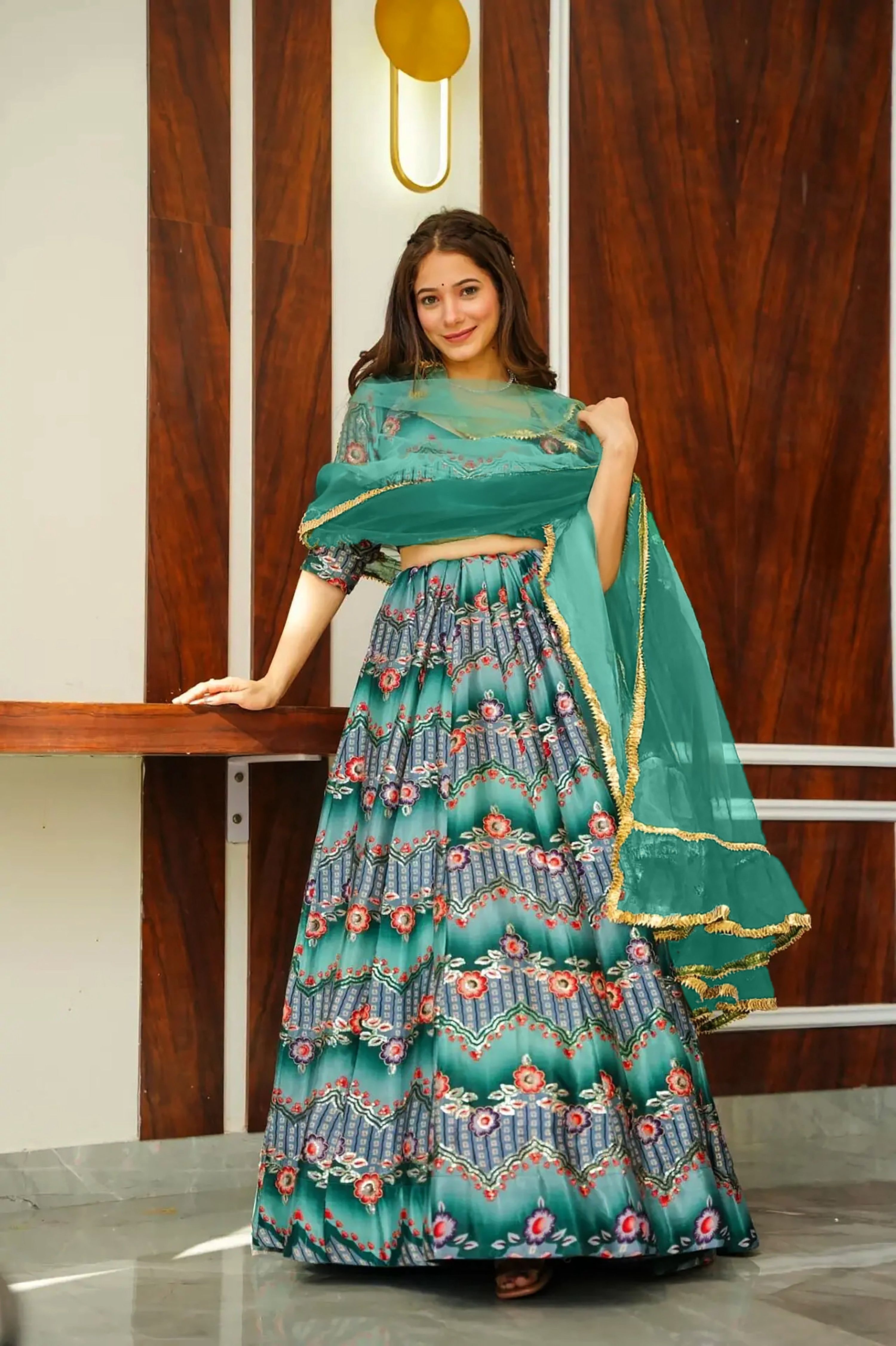 Sonakshi Women's Rama Silk Digital Printed Lehenga Choli Set - Distacart
