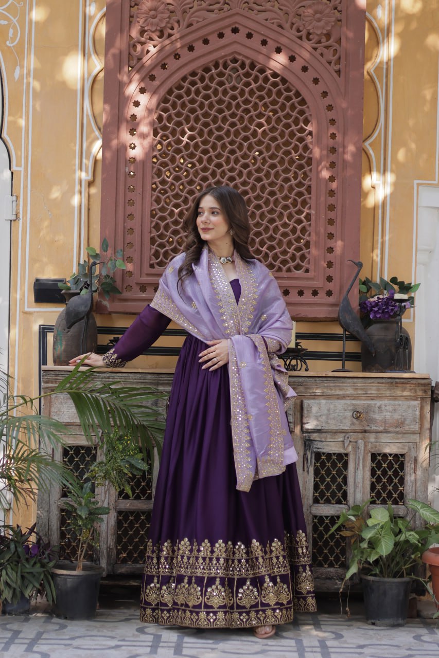 Sonakshi Women's Wine Star Georgette Embroidered Zari Sequence Work Anarkali Gown Set With Dupatta - Distacart