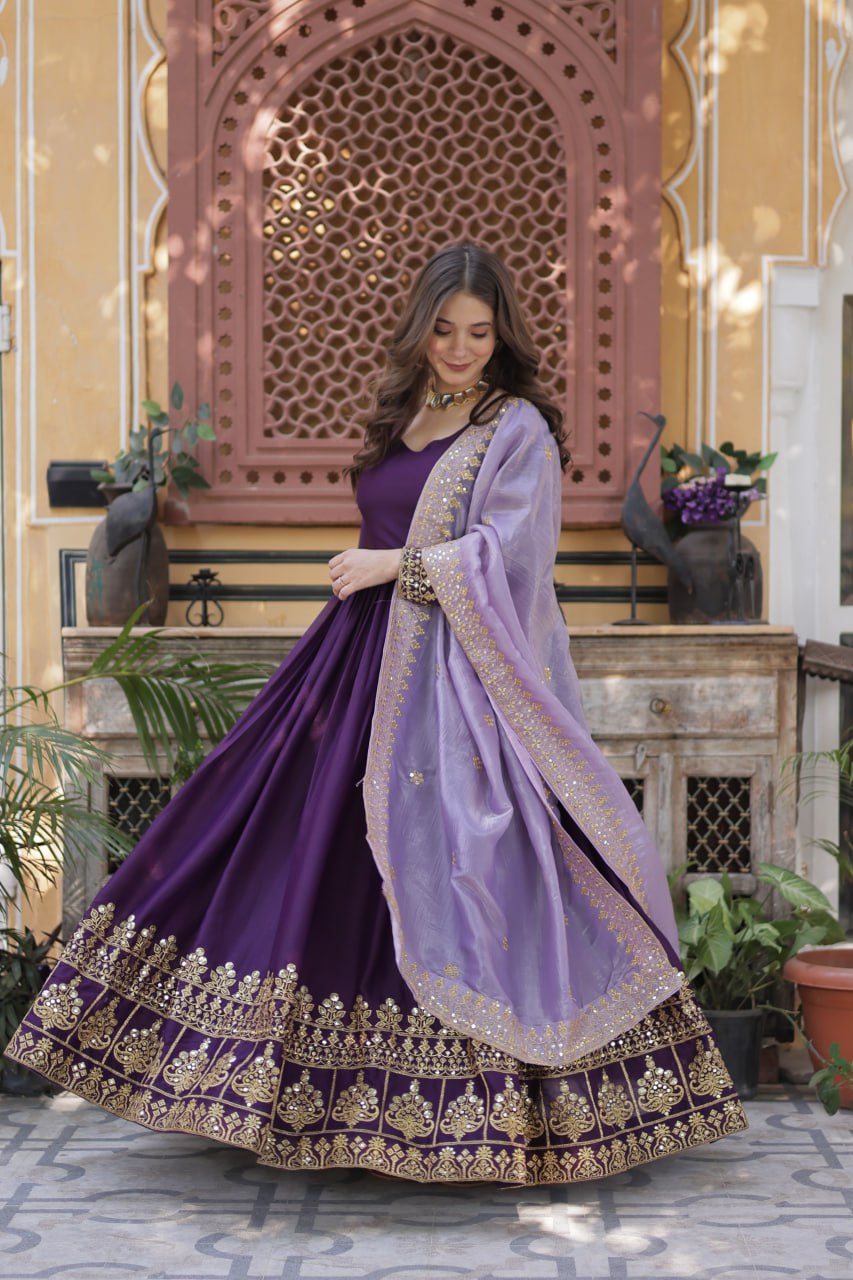 Sonakshi Women's Wine Star Georgette Embroidered Zari Sequence Work Anarkali Gown Set With Dupatta - Distacart