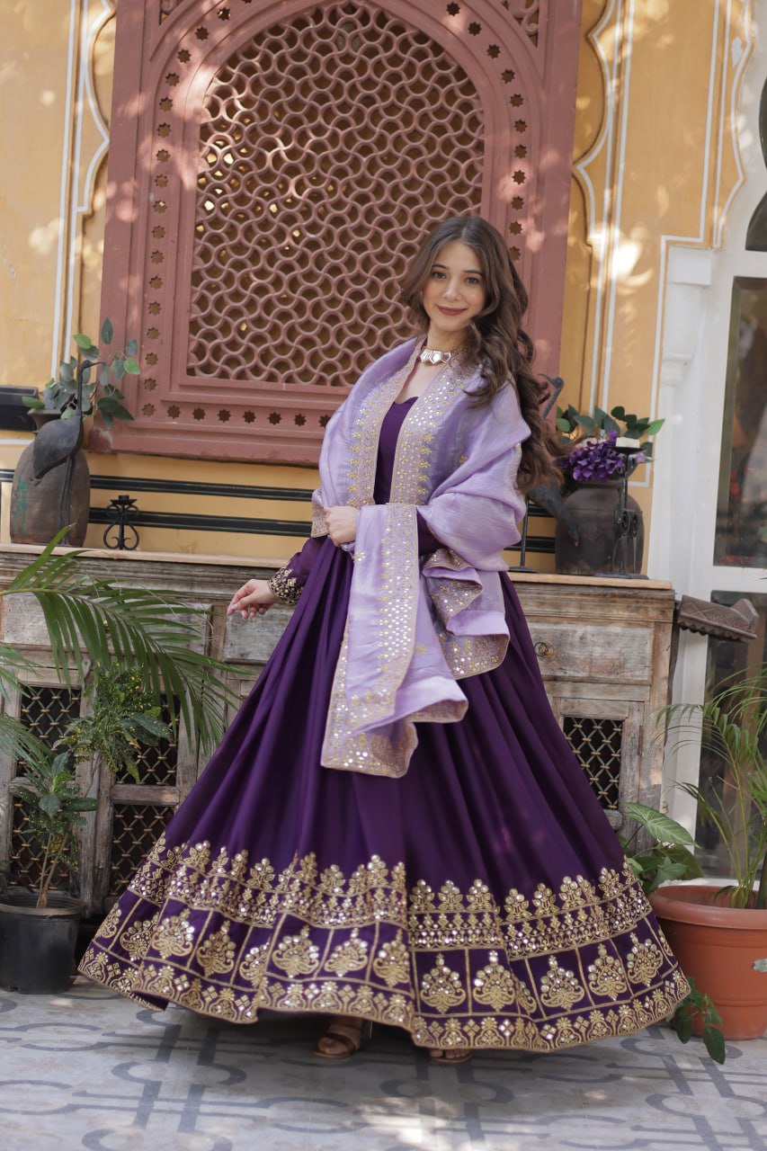 Sonakshi Women's Wine Star Georgette Embroidered Zari Sequence Work Anarkali Gown Set With Dupatta - Distacart