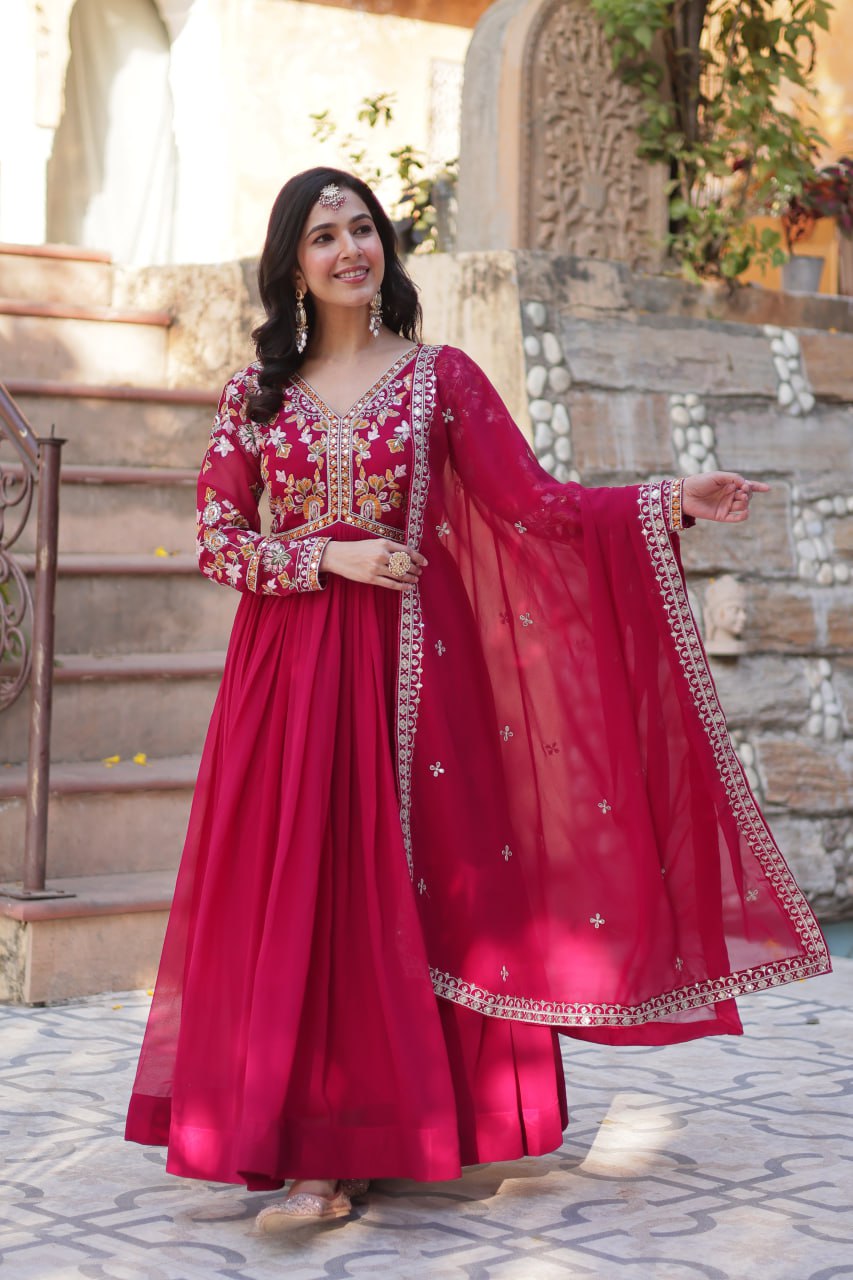 Sonakshi Women's Maroon Faux Blooming Embroidered Zari Sequence Work Anarkali Gown Set With Dupatta - Distacart
