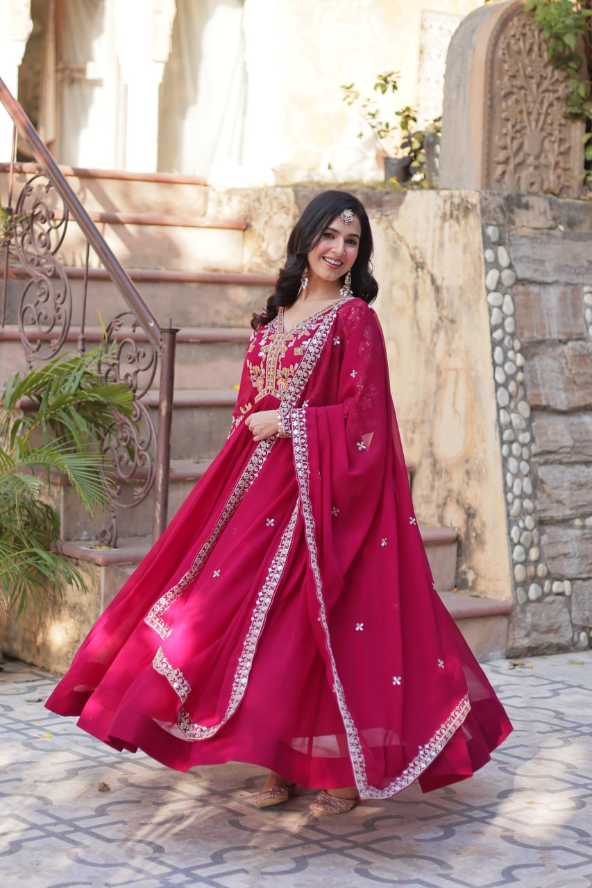 Sonakshi Women's Maroon Faux Blooming Embroidered Zari Sequence Work Anarkali Gown Set With Dupatta - Distacart