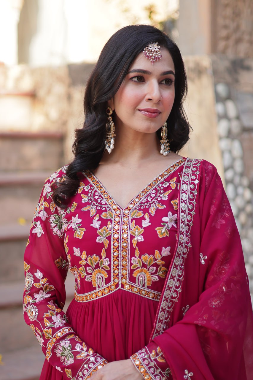 Sonakshi Women's Maroon Faux Blooming Embroidered Zari Sequence Work Anarkali Gown Set With Dupatta - Distacart