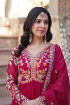 Sonakshi Women's Maroon Faux Blooming Embroidered Zari Sequence Work Anarkali Gown Set With Dupatta - Distacart