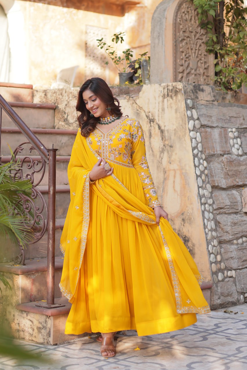 Sonakshi Women's Gold Faux Blooming Embroidered Zari Sequence Work Anarkali Gown Set With Dupatta - Distacart