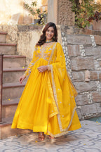 Sonakshi Women's Gold Faux Blooming Embroidered Zari Sequence Work Anarkali Gown Set With Dupatta - Distacart