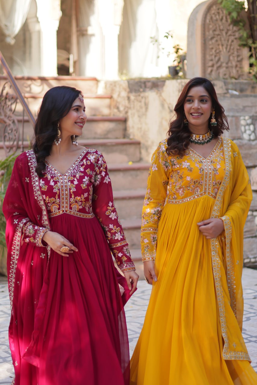 Sonakshi Women's Maroon & Gold Faux Blooming Embroidered Zari Sequence Work Anarkali Gown Set With Dupatta - Distacart