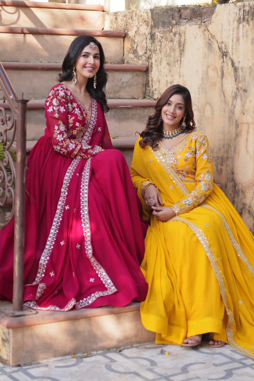 Sonakshi Women's Maroon & Gold Faux Blooming Embroidered Zari Sequence Work Anarkali Gown Set With Dupatta - Distacart