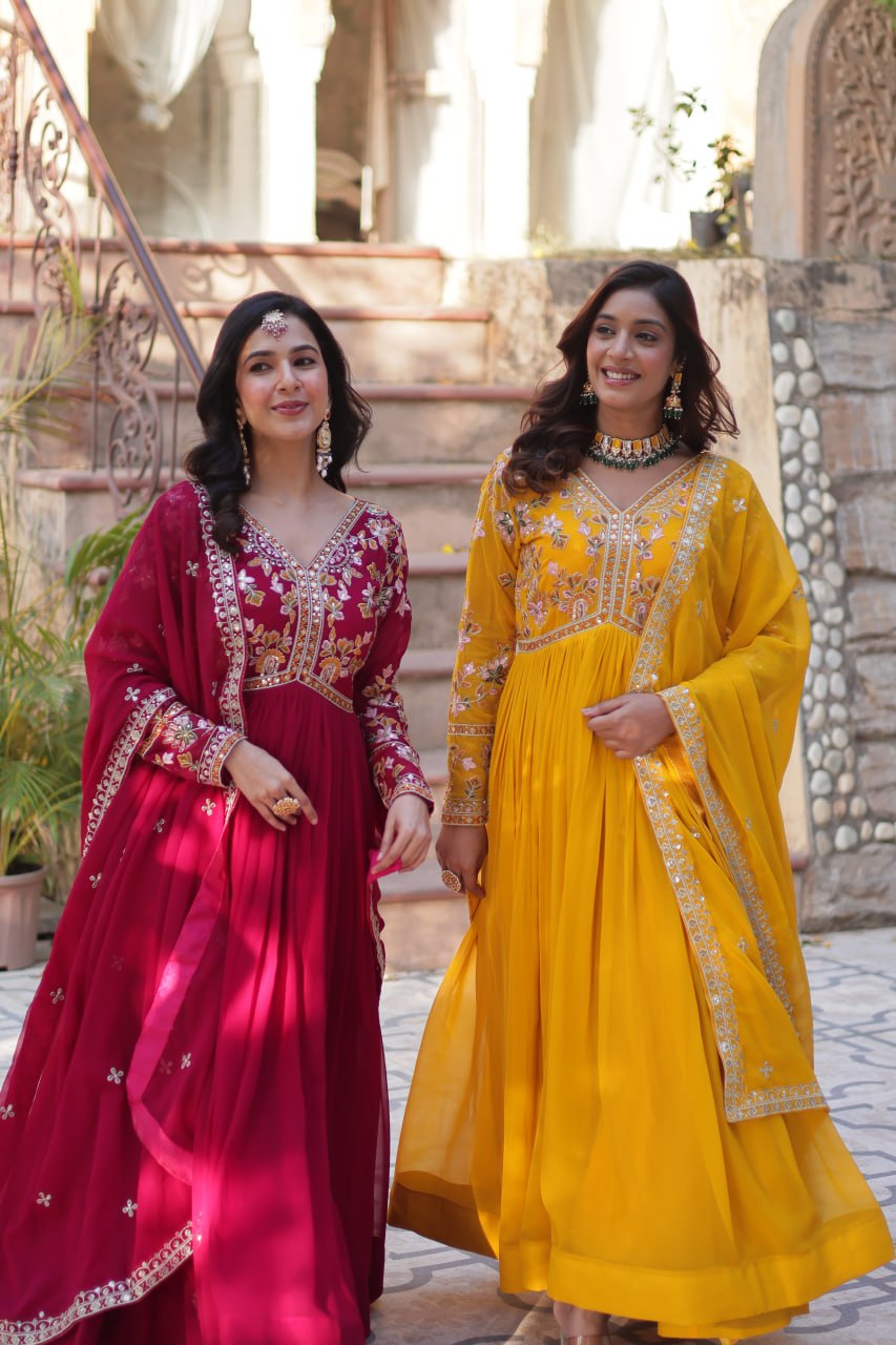 Sonakshi Women's Maroon & Gold Faux Blooming Embroidered Zari Sequence Work Anarkali Gown Set With Dupatta - Distacart