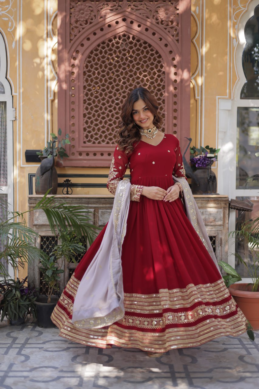 Sonakshi Women's Maroon Faux Blooming Embroidered Zari Sequence Work Anarkali Gown Set With Dupatta - Distacart