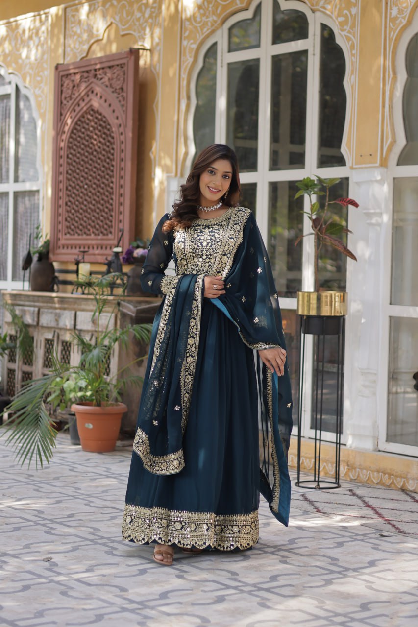 Sonakshi Women's Rama Faux Blooming Embroidered Beads Sequins Work Anarkali Gown Set With Dupatta - Distacart