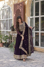 Sonakshi Women's Wine Faux Blooming Embroidered Beads Sequins Work Anarkali Gown Set With Dupatta - Distacart