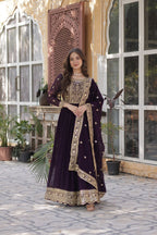 Sonakshi Women's Wine Faux Blooming Embroidered Beads Sequins Work Anarkali Gown Set With Dupatta - Distacart