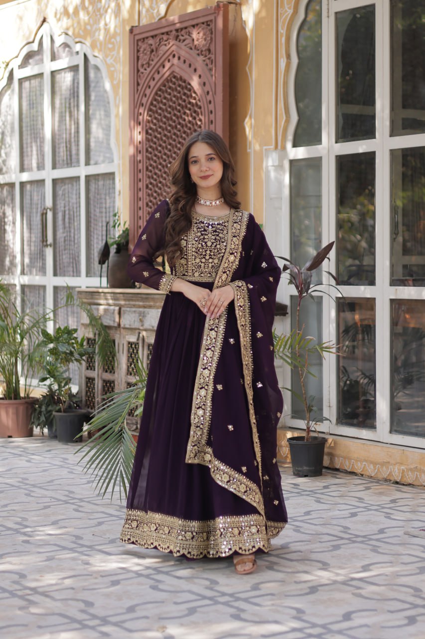 Sonakshi Women's Wine Faux Blooming Embroidered Beads Sequins Work Anarkali Gown Set With Dupatta - Distacart