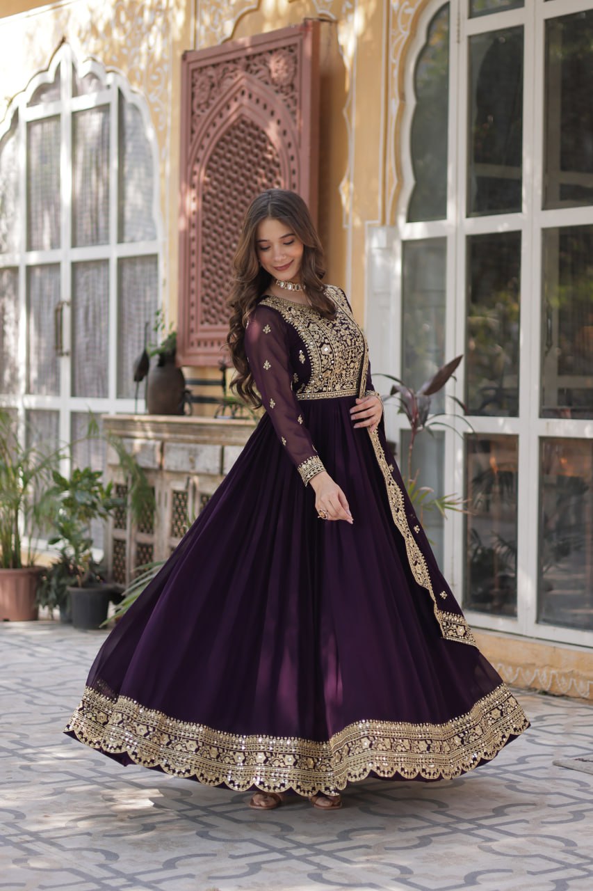 Sonakshi Women's Wine Faux Blooming Embroidered Beads Sequins Work Anarkali Gown Set With Dupatta - Distacart
