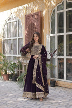 Sonakshi Women's Wine Faux Blooming Embroidered Beads Sequins Work Anarkali Gown Set With Dupatta - Distacart
