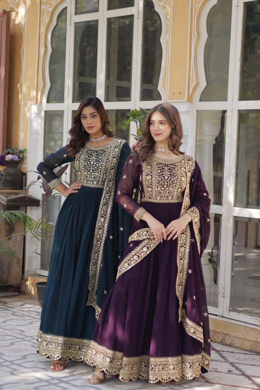 Sonakshi Women's Rama & Wine Faux Blooming Embroidered Beads Sequins Work Anarkali Gown Set With Dupatta - Distacart