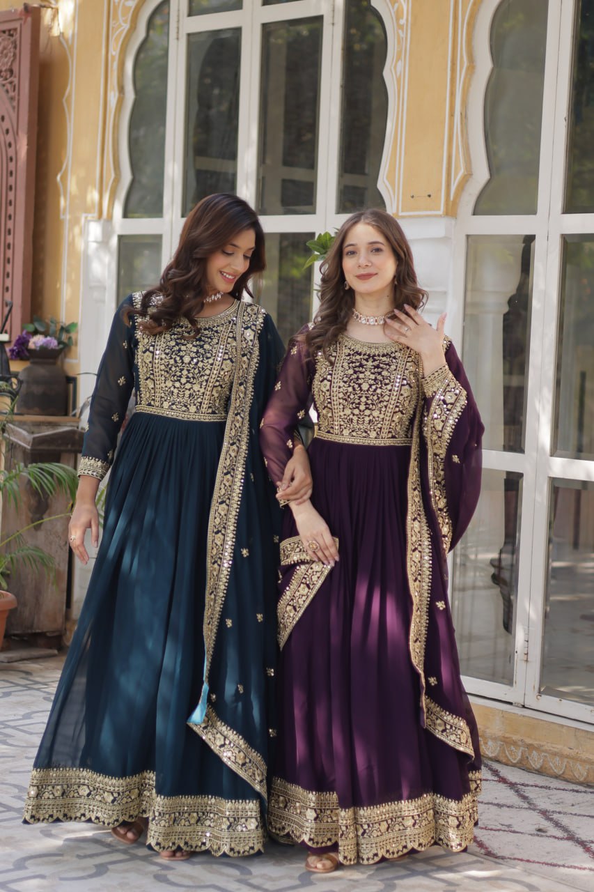 Sonakshi Women's Rama & Wine Faux Blooming Embroidered Beads Sequins Work Anarkali Gown Set With Dupatta - Distacart